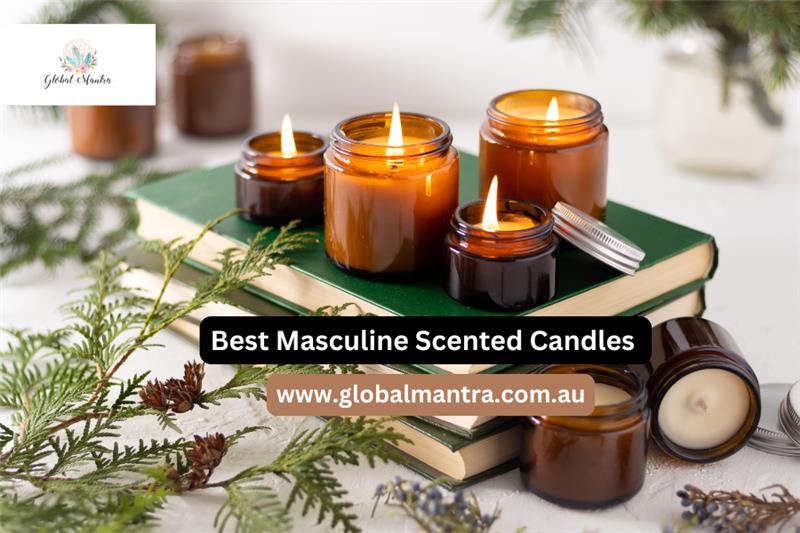 Collection of masculine scented candles by Global Mantra, featuring rich tobacco, whiskey, and woody aromas.