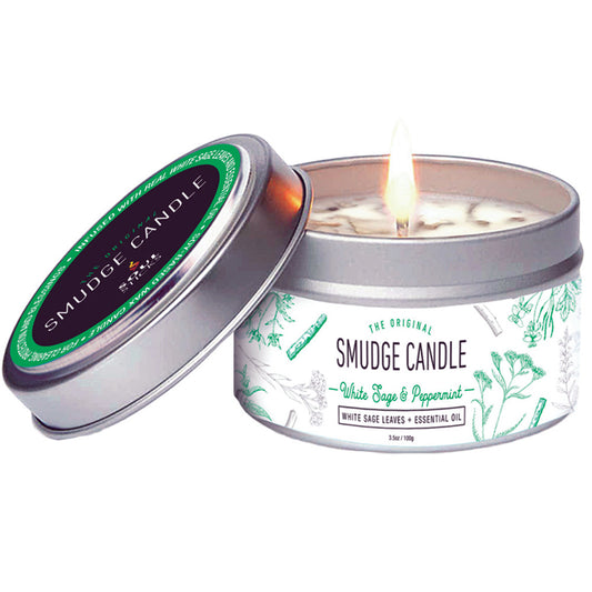 SMUDGE CANDLE - White Sage & Peppermint Soy Wax Tin 100gms