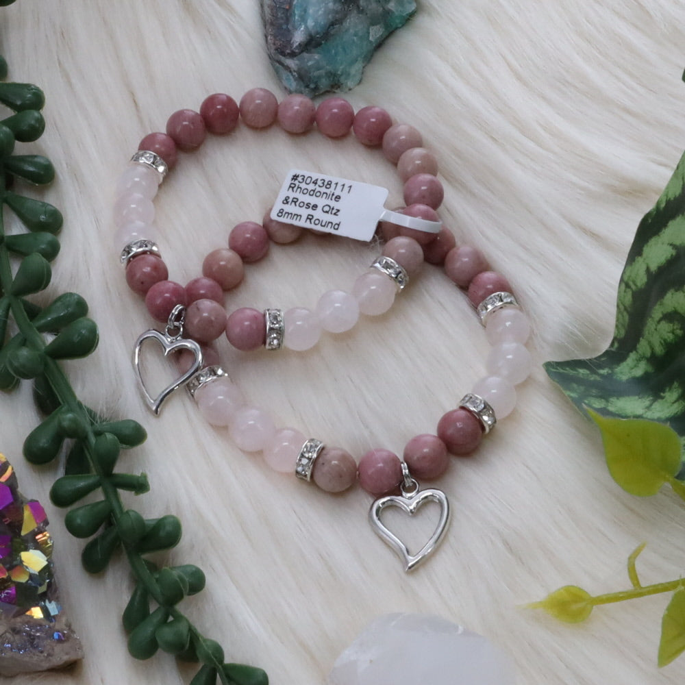 Rhodonite and Rose Quartz Heart Bracelet 8mm