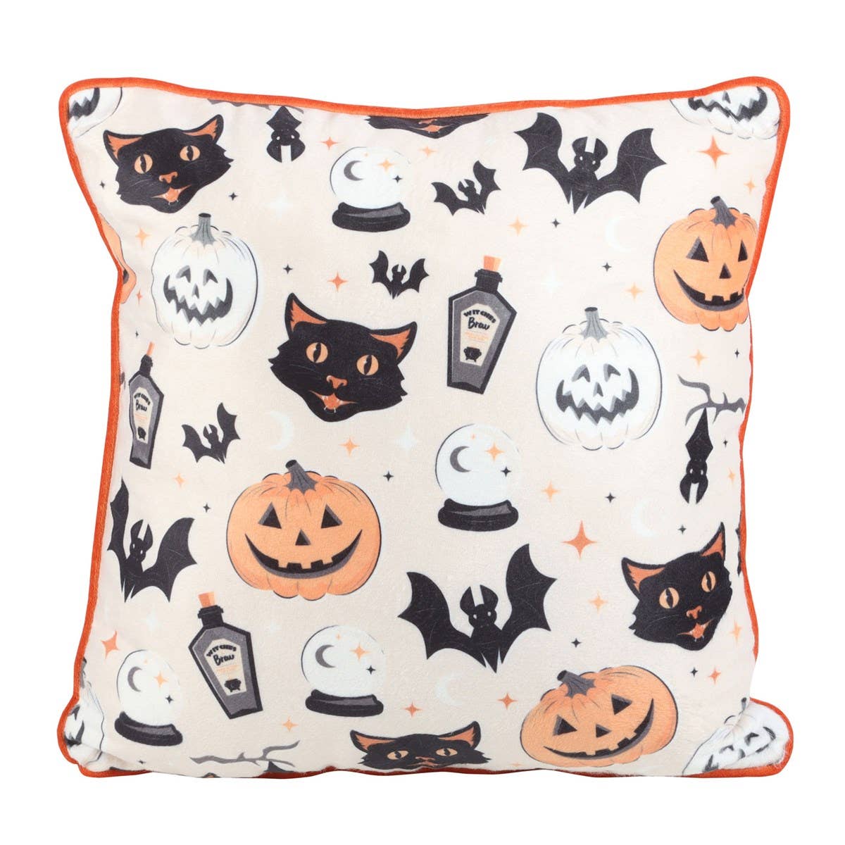 Square Spooky Cat And Pumpkin Print Polyester Cushion