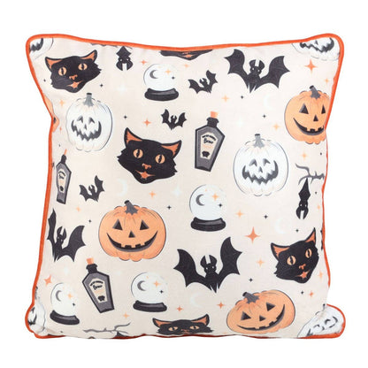 Square Spooky Cat And Pumpkin Print Polyester Cushion