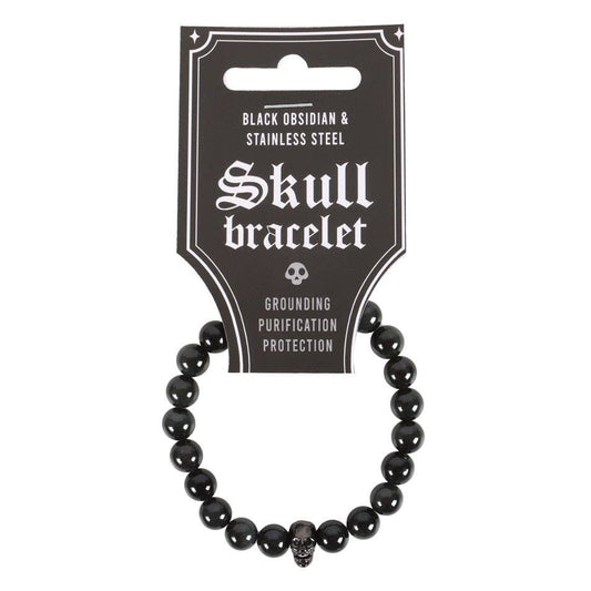 Skull Black Obsidian And Stainless Steel Bracelet