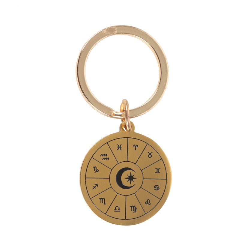 Astrology Wheel Gold Tone Metal Keyring