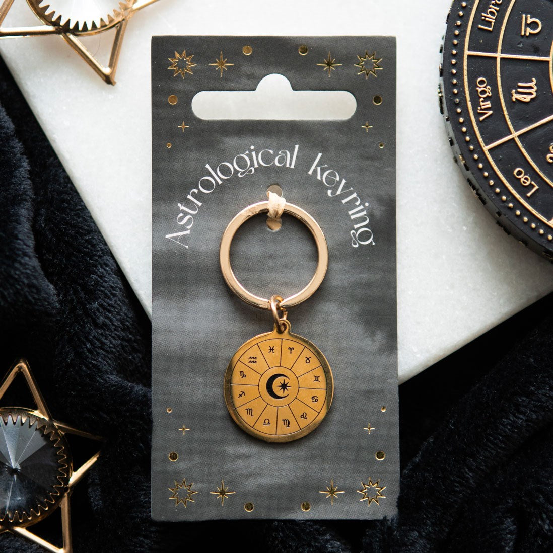 Astrology Wheel Gold Tone Metal Keyring