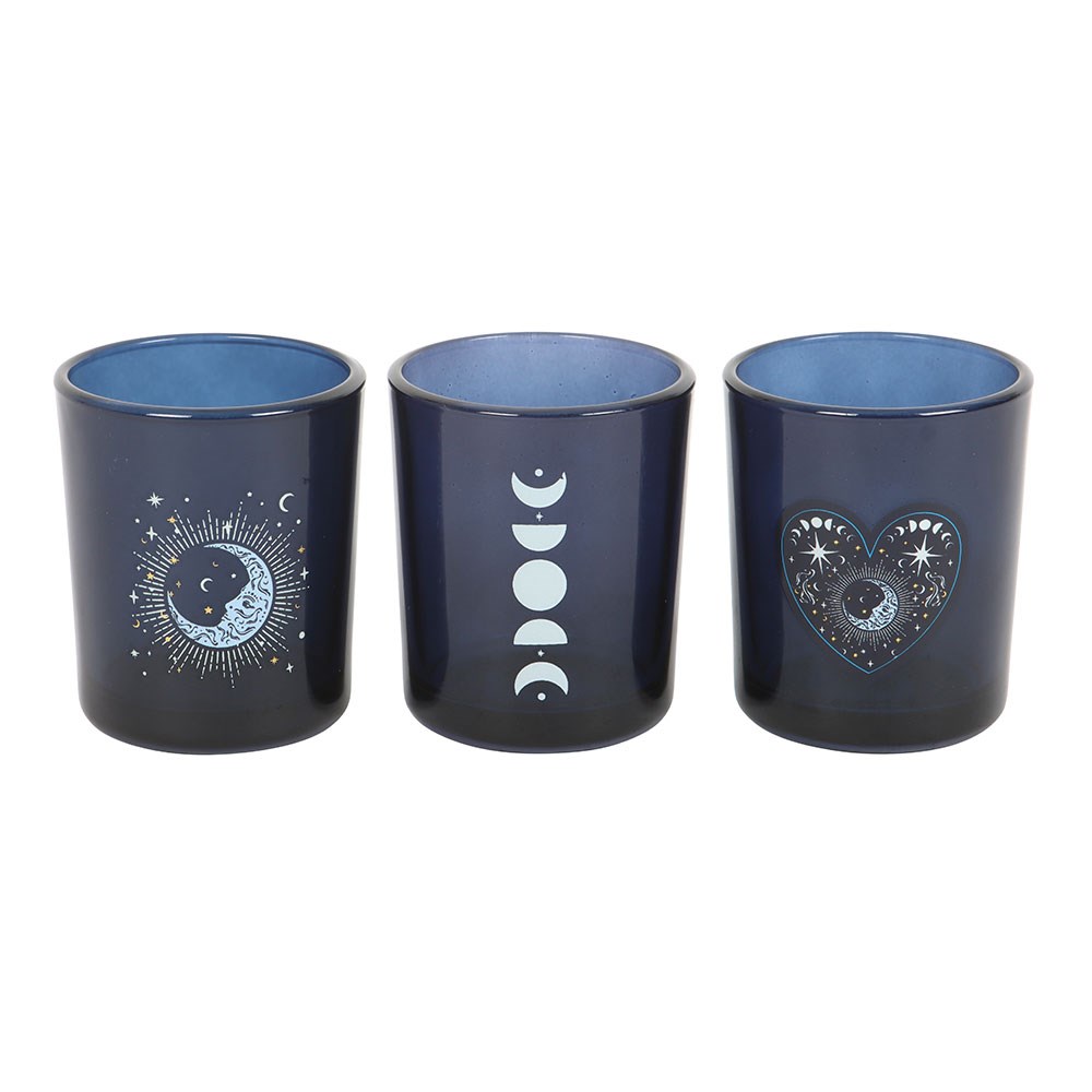 Set of 3 Blue Moon Glass Votive Candle Holders