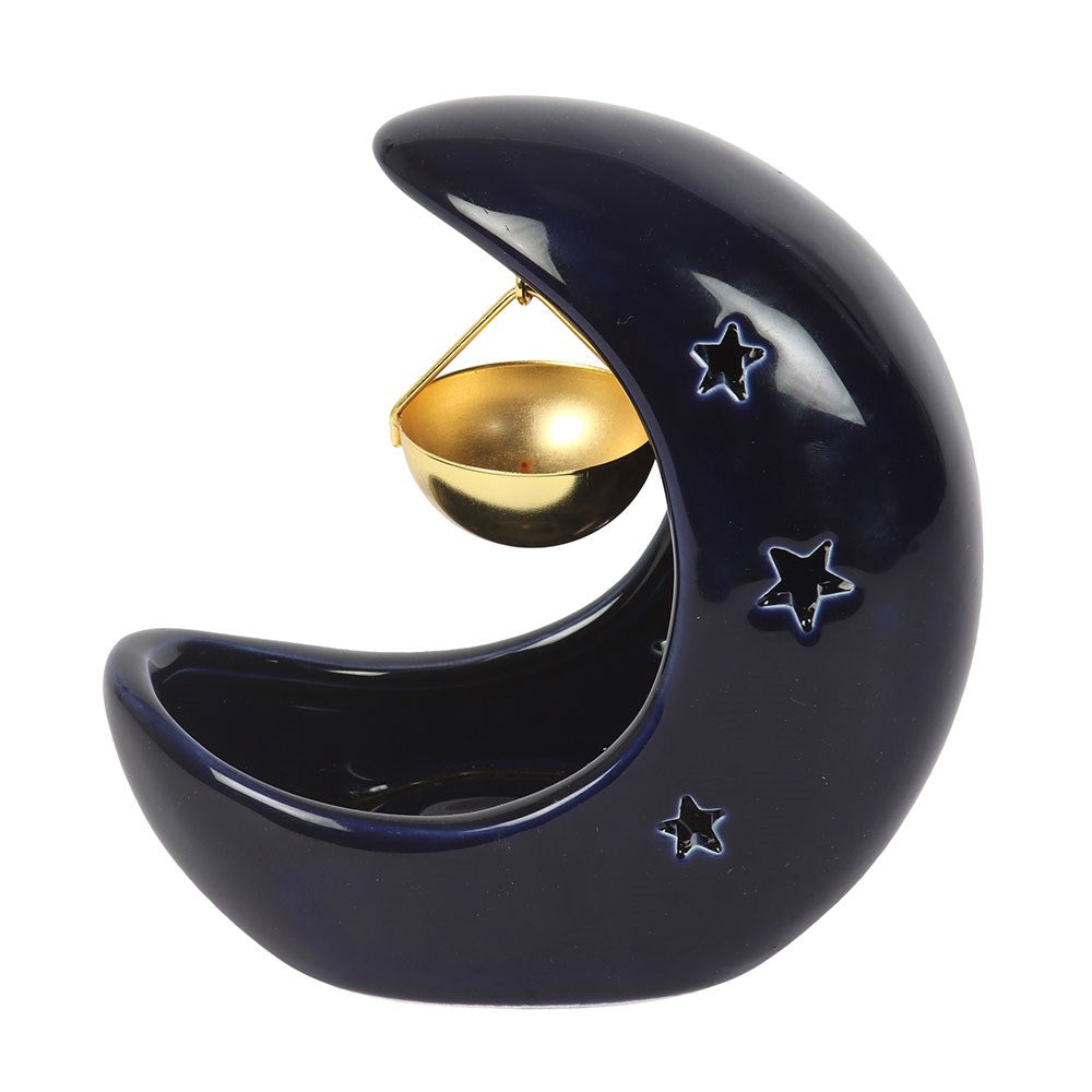 Blue Crescent Moon Hanging Ceramic Oil Burner with Metal Dish