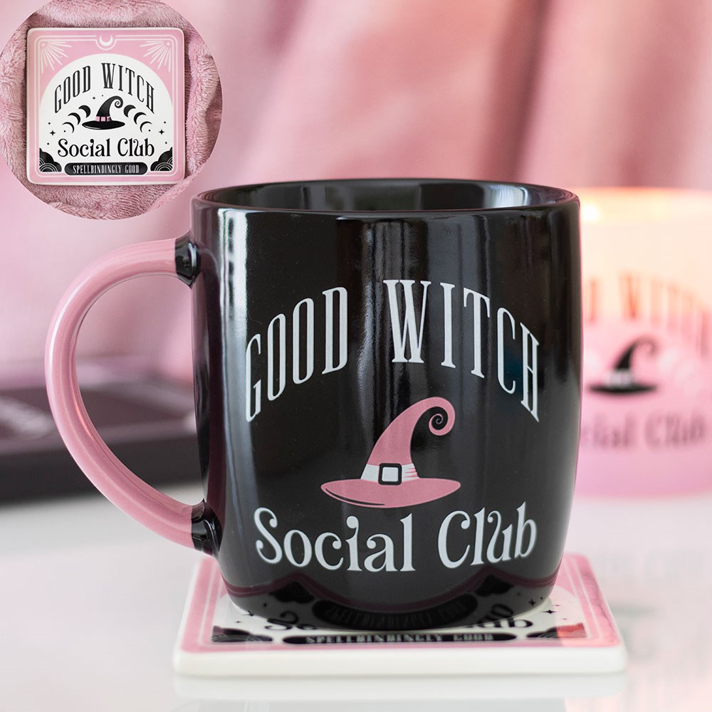 Pink Good Witch Social Club Ceramic Mug and Coaster Set