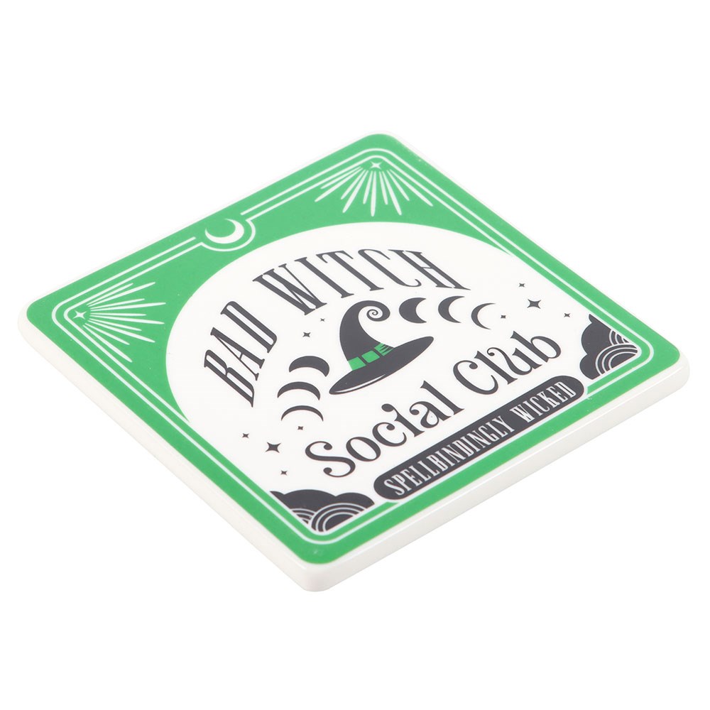Green Bad Witch Social Club Ceramic Mug and Coaster Set
