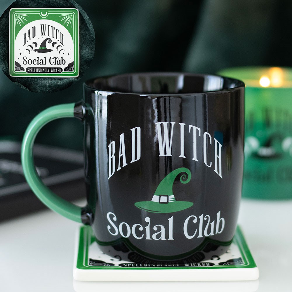 Green Bad Witch Social Club Ceramic Mug and Coaster Set