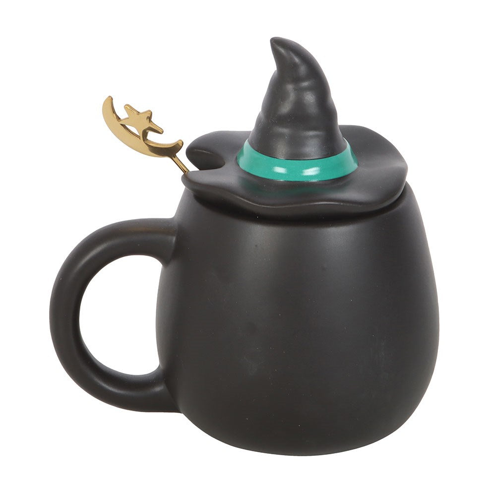 Green Bad Witch Lidded Ceramic Mug with Metal Moon Spoon