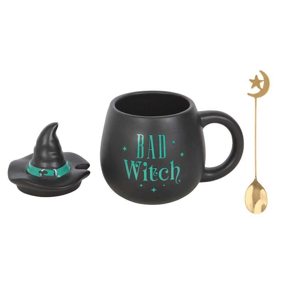 Green Bad Witch Lidded Ceramic Mug with Metal Moon Spoon