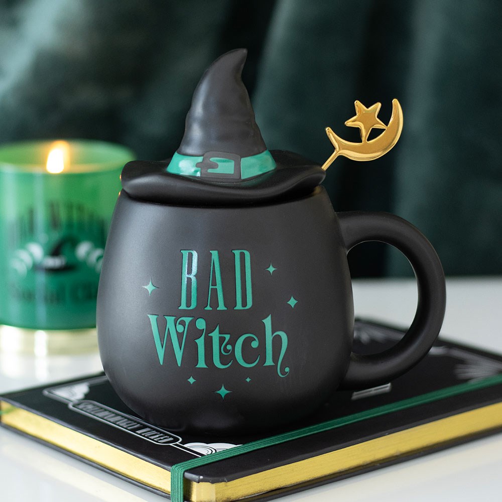 Green Bad Witch Lidded Ceramic Mug with Metal Moon Spoon