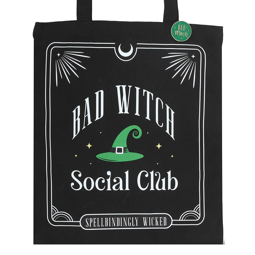 Green Bad Witch Social Club Polycotton Tote Bag with Pin Badge