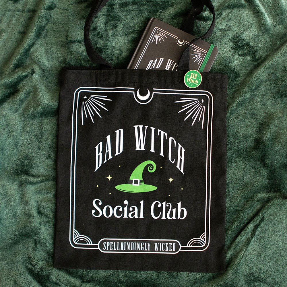 Green Bad Witch Social Club Polycotton Tote Bag with Pin Badge