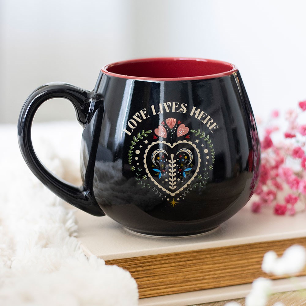 Love Lives Here Folk Heart Rounded Mug