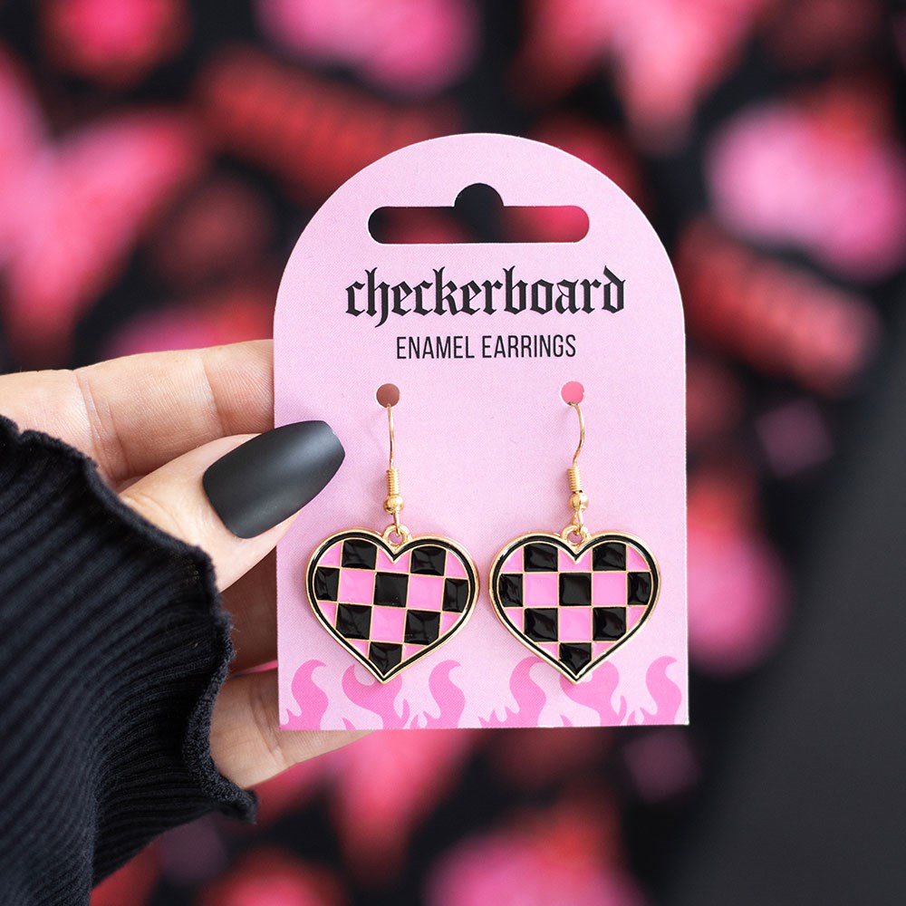 Checkerboard Heart Stainless Steel and Enamel Earrings