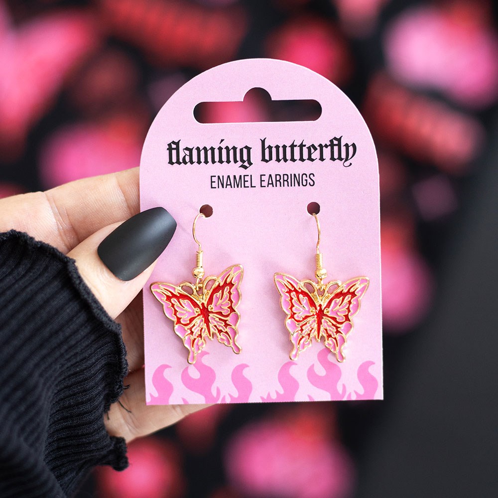 Flaming Butterfly Stainless Steel and Enamel Earrings