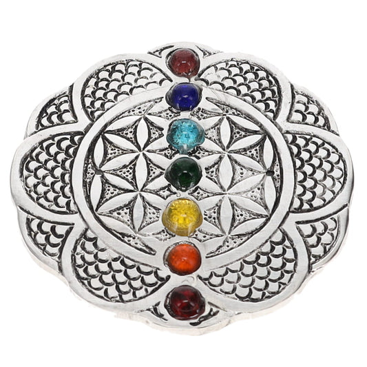 ALUMINIUM INCENSE BURNER - Flower of Life with Chakra Beads 9cm