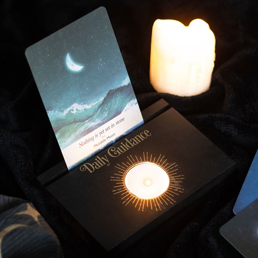 Black Daily Guidance Wooden Tarot Card Stand Tealight Holder