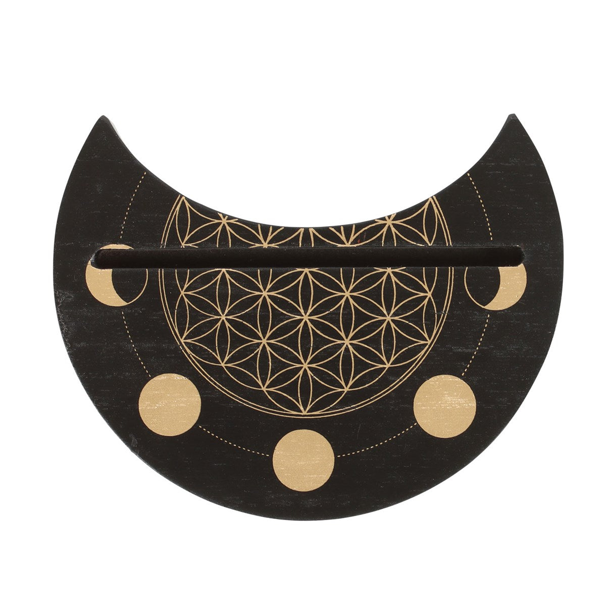 Black Flower of Life Crescent Moon Wooden Tarot Card Stand