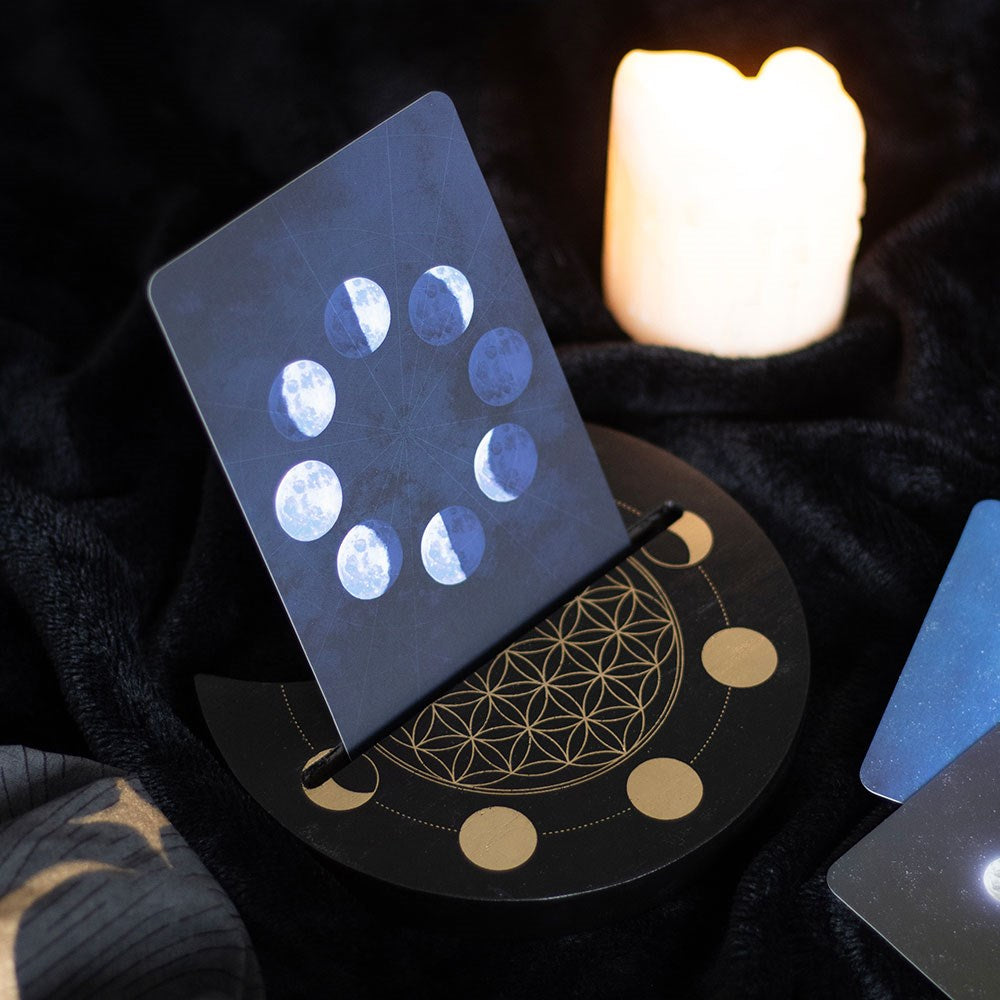 Black Flower of Life Crescent Moon Wooden Tarot Card Stand