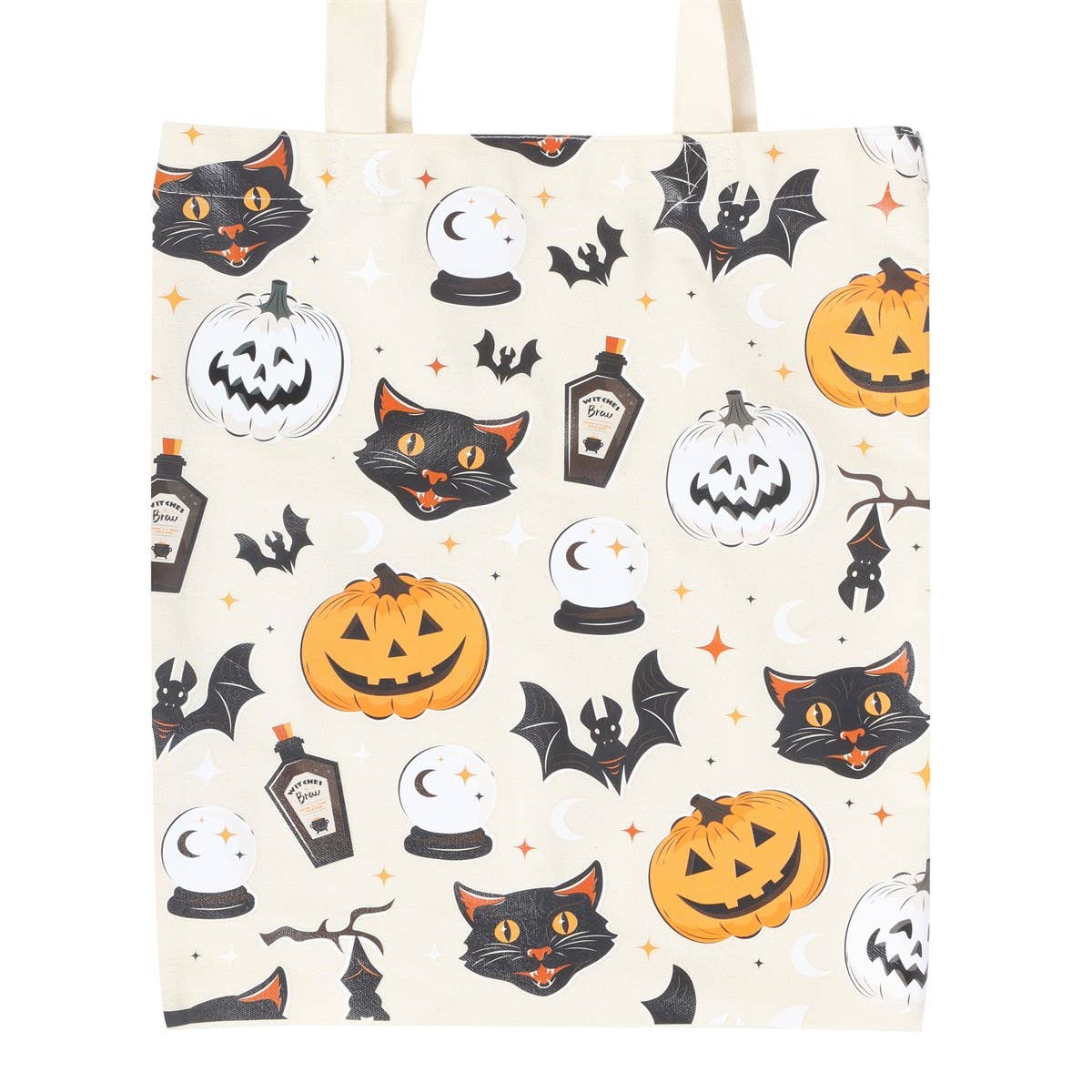 Spooky Cat And Pumpkin Print Cotton Canvas Tote Bag