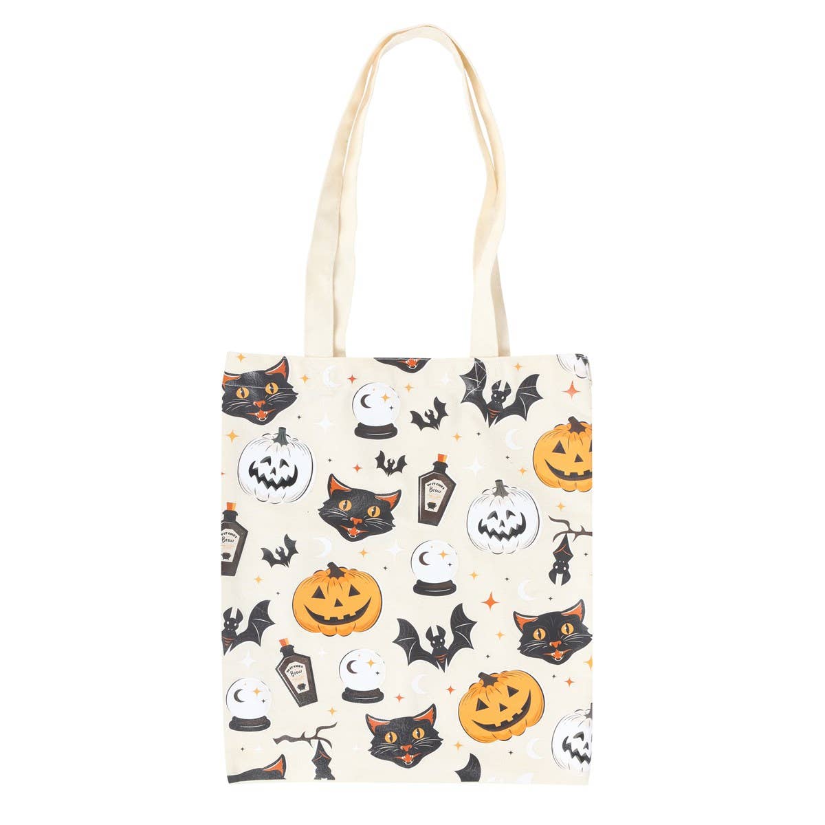 Spooky Cat And Pumpkin Print Cotton Canvas Tote Bag