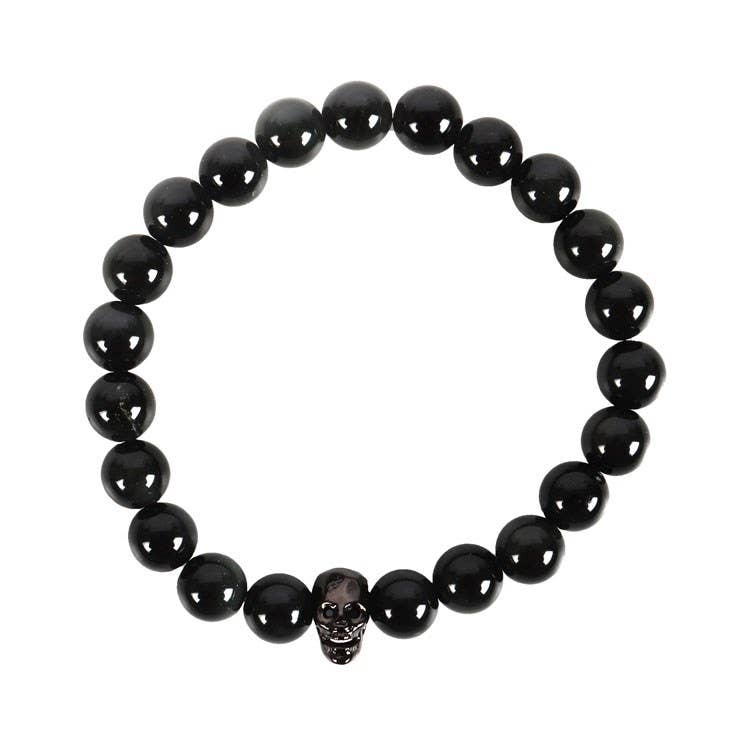 Skull Black Obsidian And Stainless Steel Bracelet